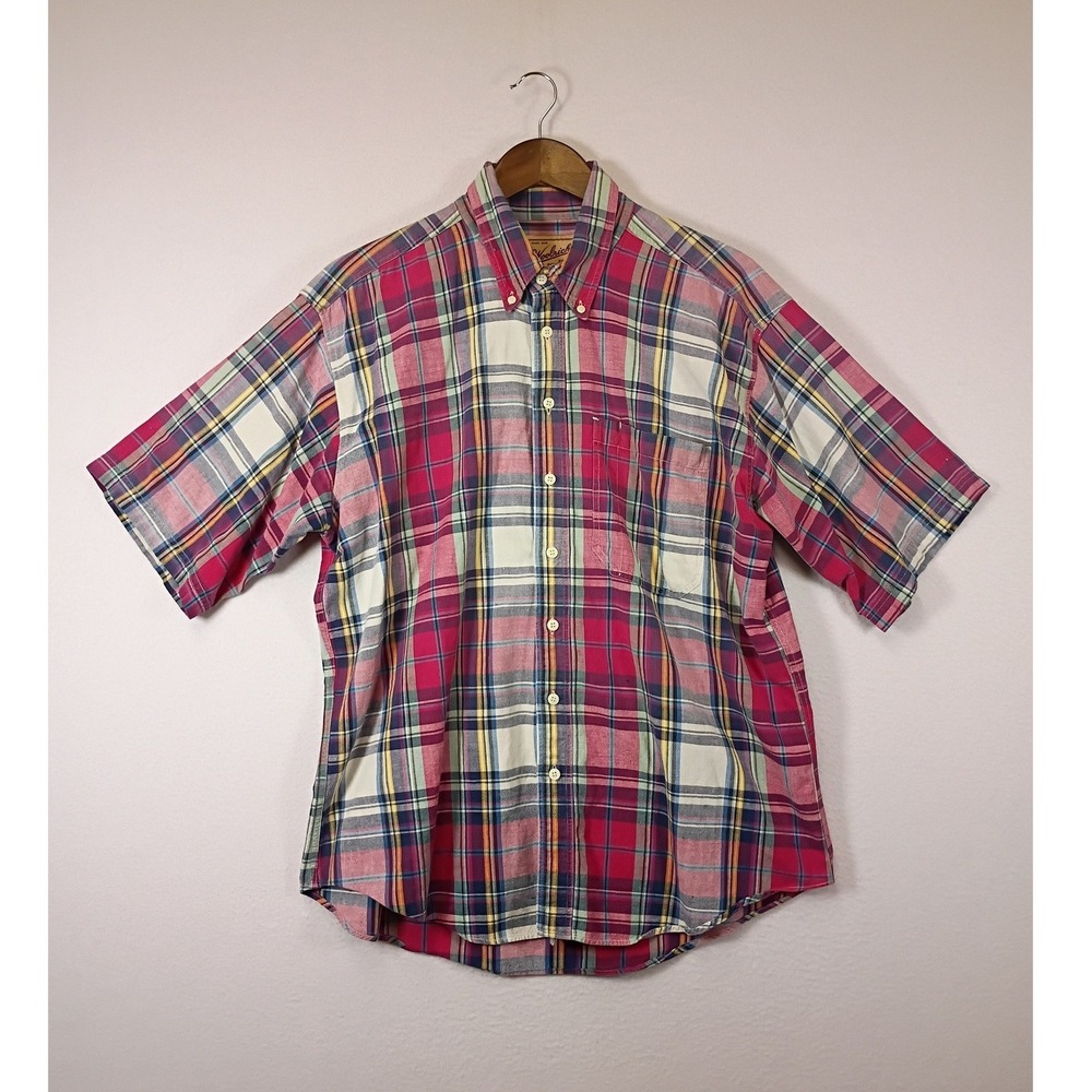 Outdoor Rugged Woolrich Mens Large Pink Plaid Short Sleeve Cotton Button Down